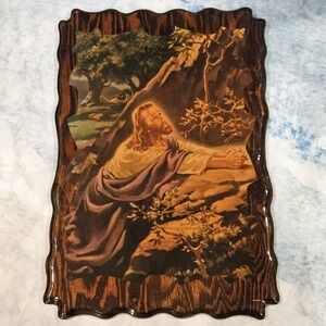 Vintage Jesus Garden of Gethsemane Wood Wall Plaque Religious Christian 23x16